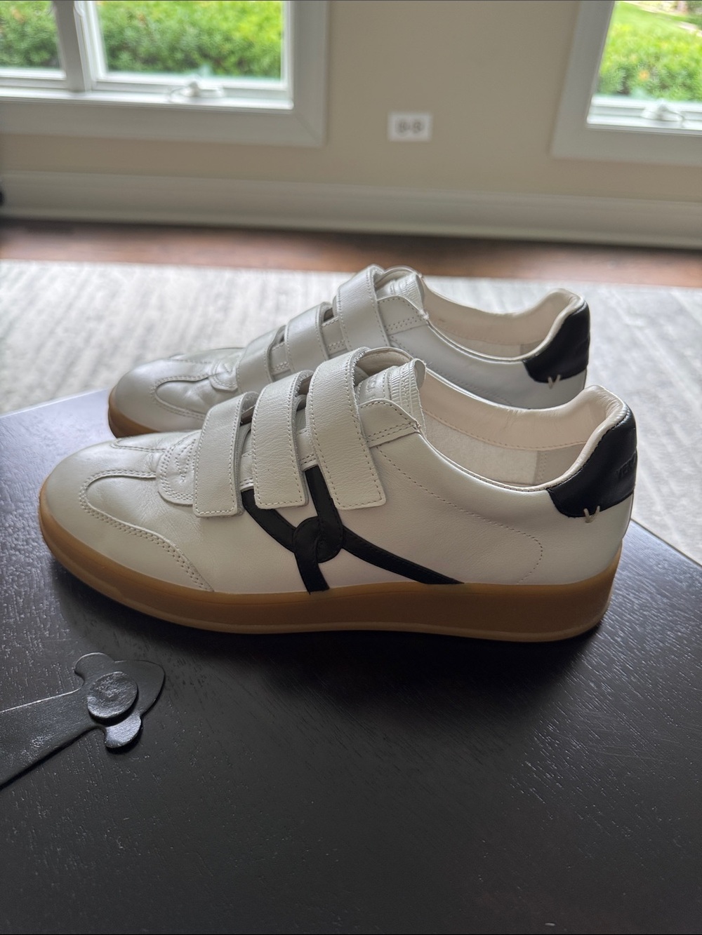 Veronica Beard White Leather Velcro Strap Sneakers with Black Heel Detail
